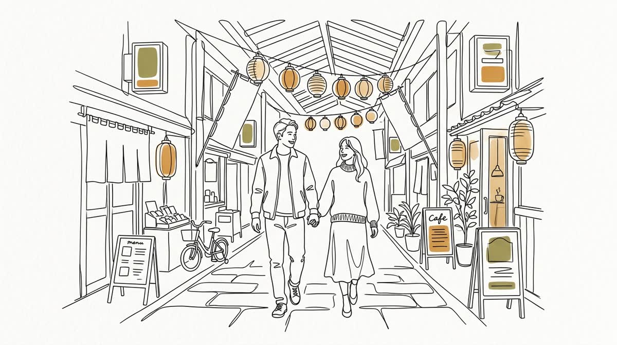 家事を任せて空いた時間に、仙台のアーケードを食べ歩くふたりのイメージ