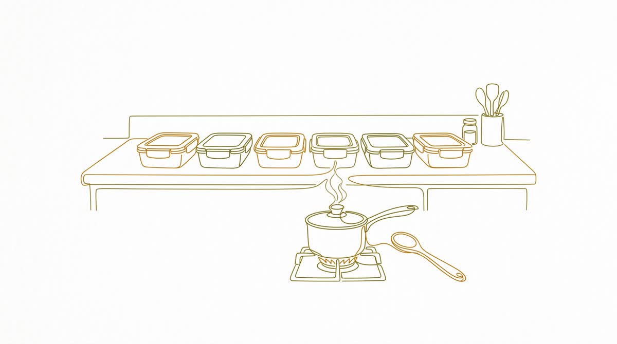 作り置きの保存容器がキッチンカウンターに並ぶイメージ